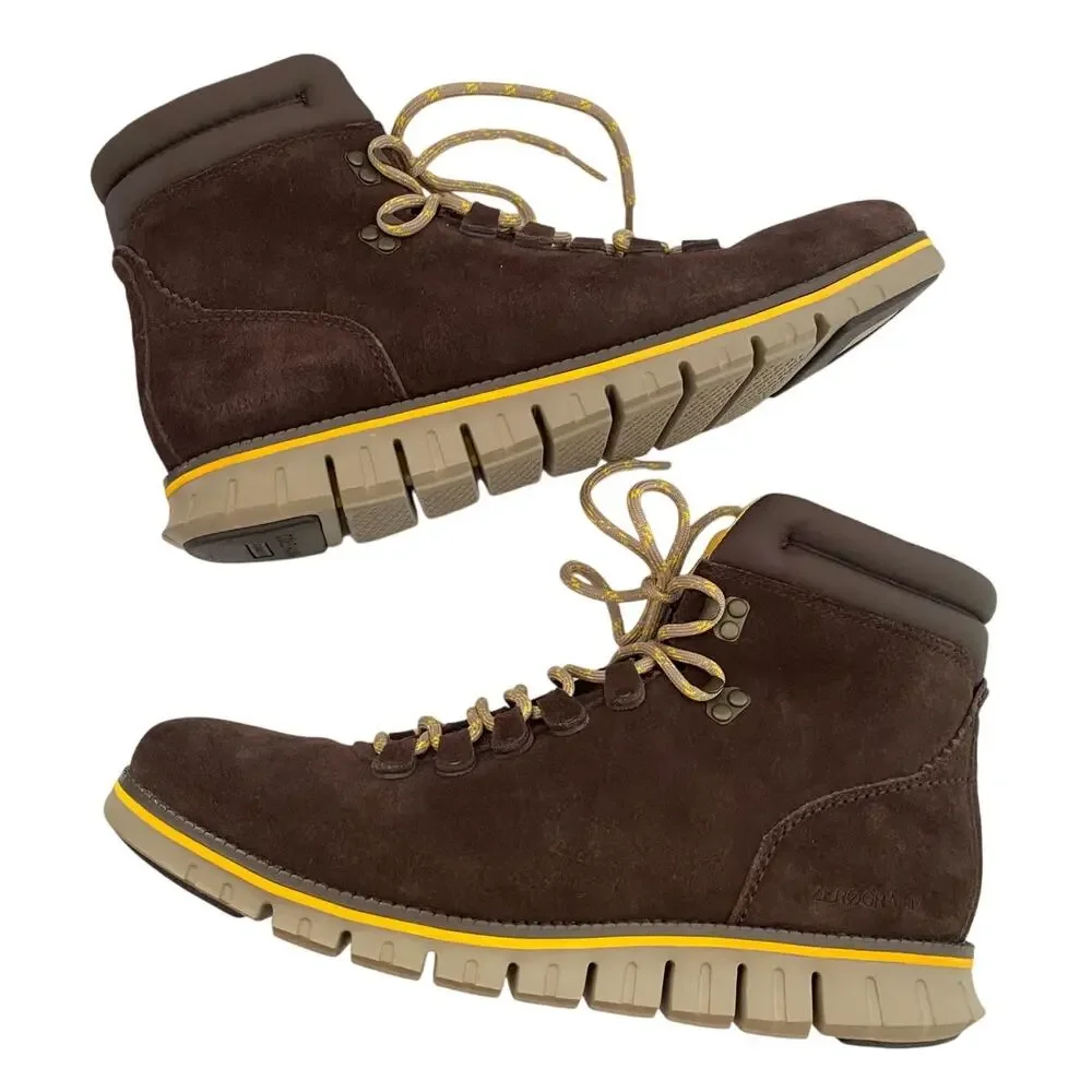 Cole Haan Brown Suede Hiking-Style Lace-Up Boots with Yellow Accents